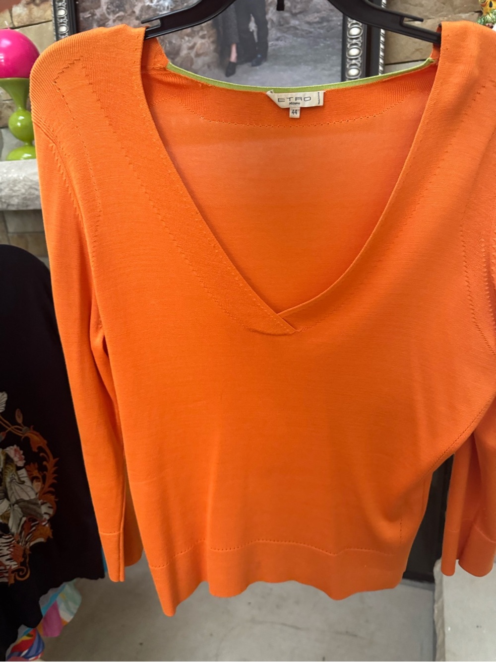 Etro Orange V-Neck Long Sleeve Knit Top